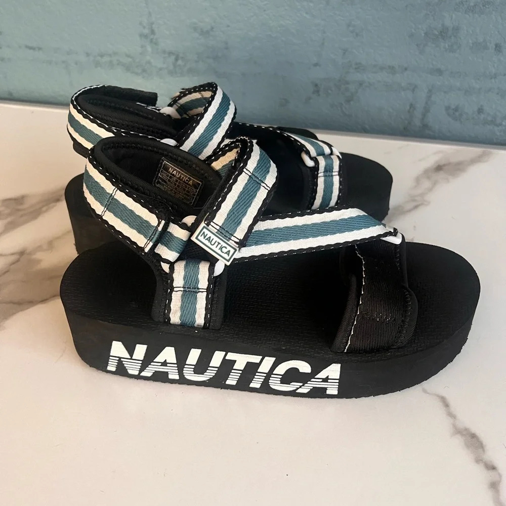 Nautica Women’s chunky Platform canvas Sandal Strap Wedge teal y2k resort wear